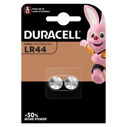 Batterie Duracell LR44 da 1,5V, set di 2 unità, batterie alcaline per dispositivi portatili e elettronici.
