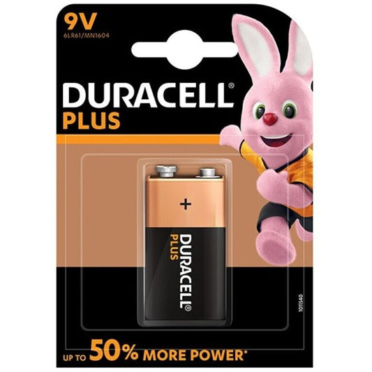 Batteria Duracell Plus Power 9V LR61, nuova, con involucro giallo e nero, pronta per dispositivi elettronici.