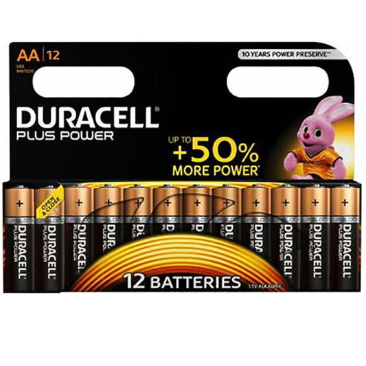 Set di 12 batterie alcaline AA DURACELL Plus Power LR6, visibile in confezione con etichetta e dettagli sul prodotto