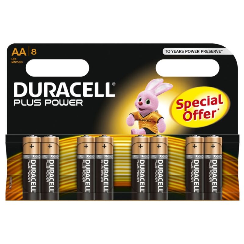Batterie AA Duracell Plus Power LR6 in confezione da 8, ricariche affidabili per dispositivi domestici e elettronici.