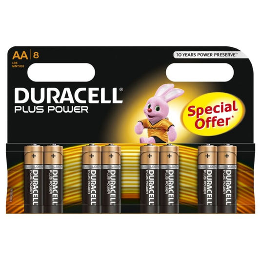 Pacco da 8 batterie AA LR6 Duracell Plus Power, alimentatori affidabili per dispositivi domestici e elettronica.