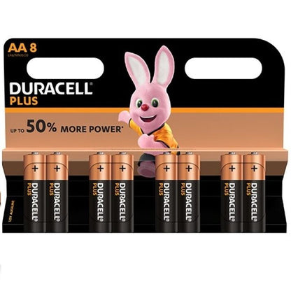 Batterie AA Duracell Plus Power LR6, confezione da 8 pezzi, energia affidabile per dispositivi domestici.