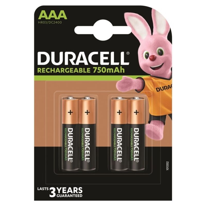 Set di 4 batterie ricaricabili Duracell HR03 AAA da 750mAh, con immagini delle batterie e confezione.