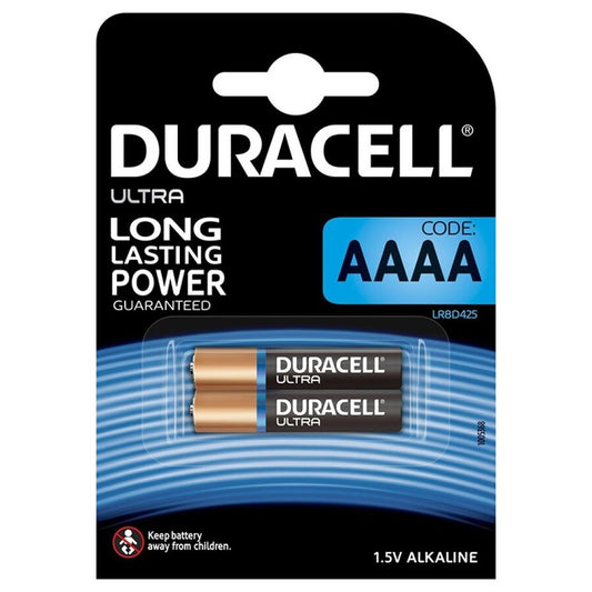 Due batterie alcaline AAAA Duracell Ultra Power MX2500 da 1,5V, visualizzate in confezione con due unità.
