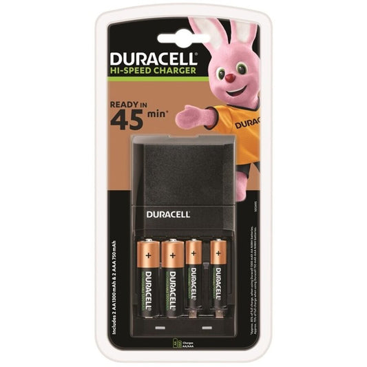 Caricatore Duracell da 45 minuti con 2 batterie AA 1700mAh e 2 AAA 750mAh, pronto per ricaricare dispositivi elettronici.
