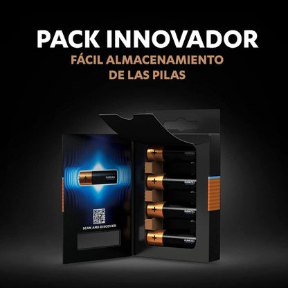 Set di 4 batterie alcaline AA Duracell Optimum 200 per dispositivi elettronici, con etichette e terminali visibili.