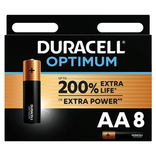 Set di 8 batterie alcaline AA DURACELL OPTIMUM 200 LR6, visibili nella confezione.