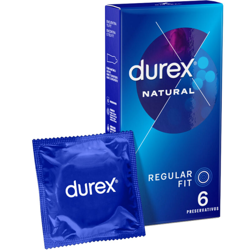 Confezione di 6 preservativi Durex Classico Naturale, prodotti di protezione maschile in lattice, visibili nella confezione.