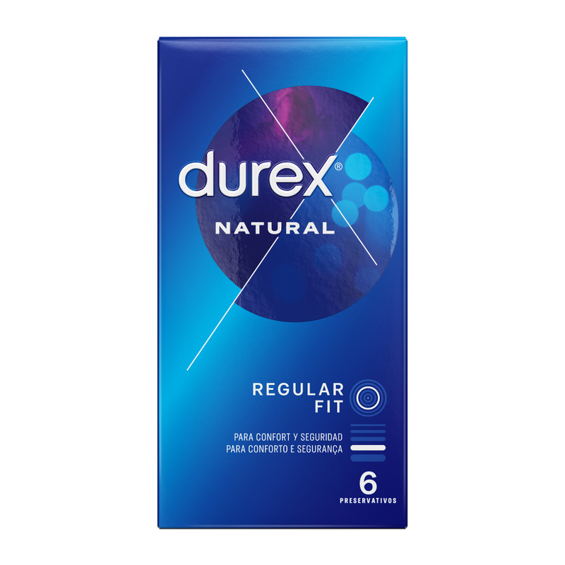 Preservativi Durex Classico Naturale, confezione da 6 unità, con confezione blister e dettagli del prodotto visibili.