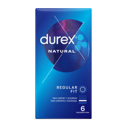 Preservativi Durex Classico Naturale, confezione da 6 unità, con confezione blister e dettagli del prodotto visibili.
