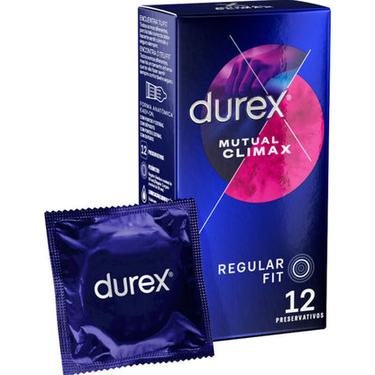 Preservativi Durex Climax Mutuo, confezione da 12 unità, con confezione e dettagli del prodotto visibili.