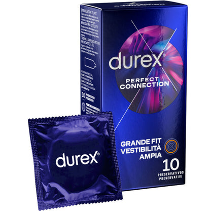 Preservativi Durex Connessione Perfetta Silicone con extra lubrificazione, confezione da 10 unità, immagine del prodotto.