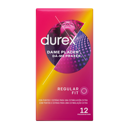 Confezione di 12 preservativi Durex Dame Placer, profilattici per donna, visibili nella confezione bianca e blu con logo Durex