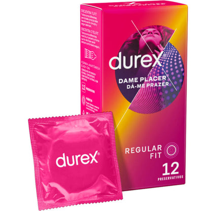 Confezione di 12 preservativi Durex Dame Placer, confezione con dettagli e logo visibili.