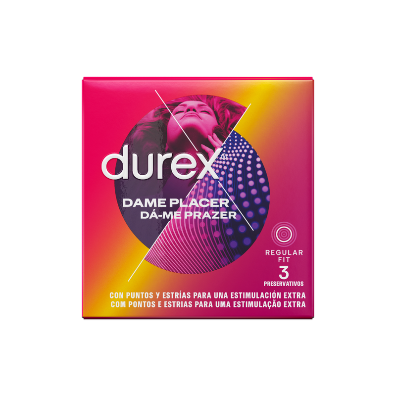 Confezione di tre preservativi Durex Dame Placer, confezione con tre unità di preservativi Durex Condoms.