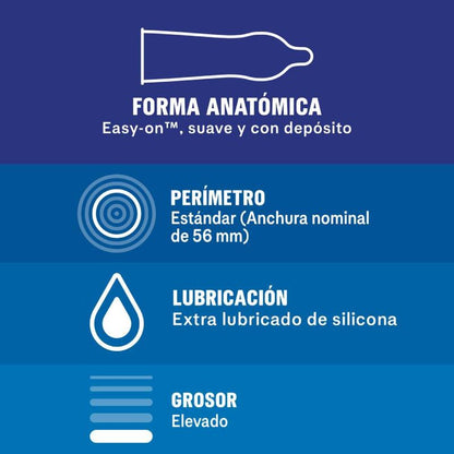 Preservativi Durex Extra Sicuro, confezione da 12 unità, con dettagli visibili sulla scatola e il marchio Durex.