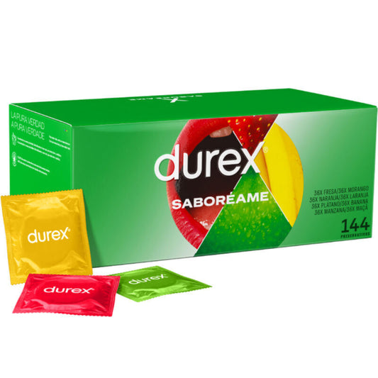 Confezione di 144 preservativi Durex Frutta del Piacere, con immagini di frutta e design colorato, confezione di sicuro uso.