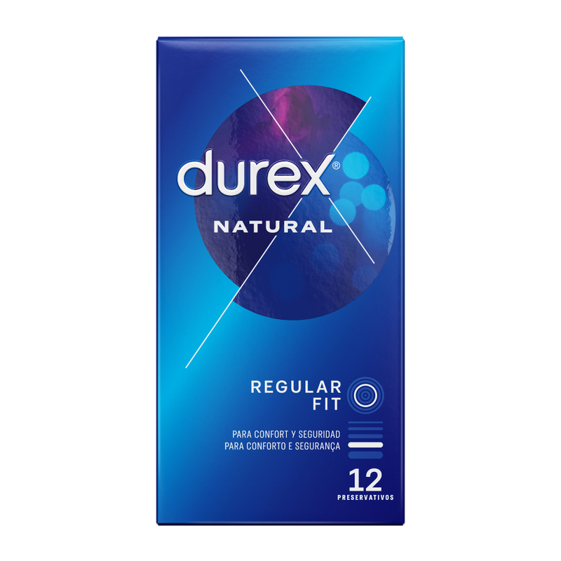 Preservativi Durex Natural Plus, confezione da 12 unità, con dettagli visibili sulla confezione e design di Durex Condoms