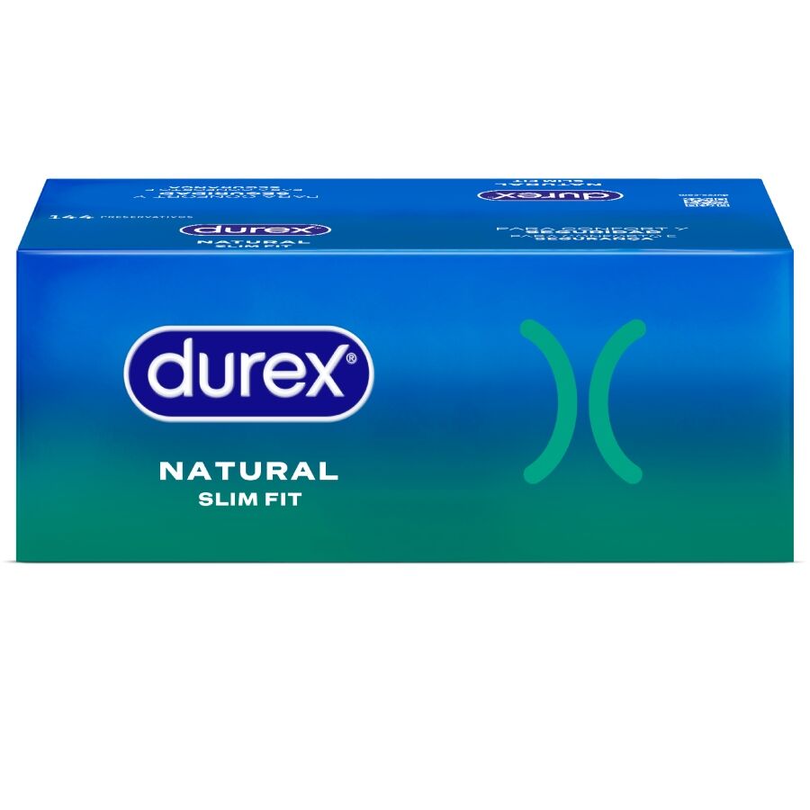 Preservativi Durex Natural Slim Fit Basic, confezione da 144 unità, con scatola bianca e logo Durex visibile.