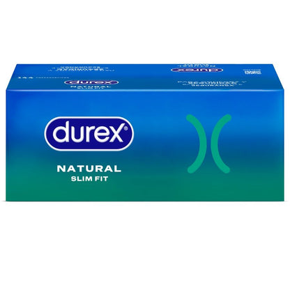 Preservativi Durex Natural Slim Fit Basic, confezione da 144 unità, con scatola bianca e logo Durex visibile.