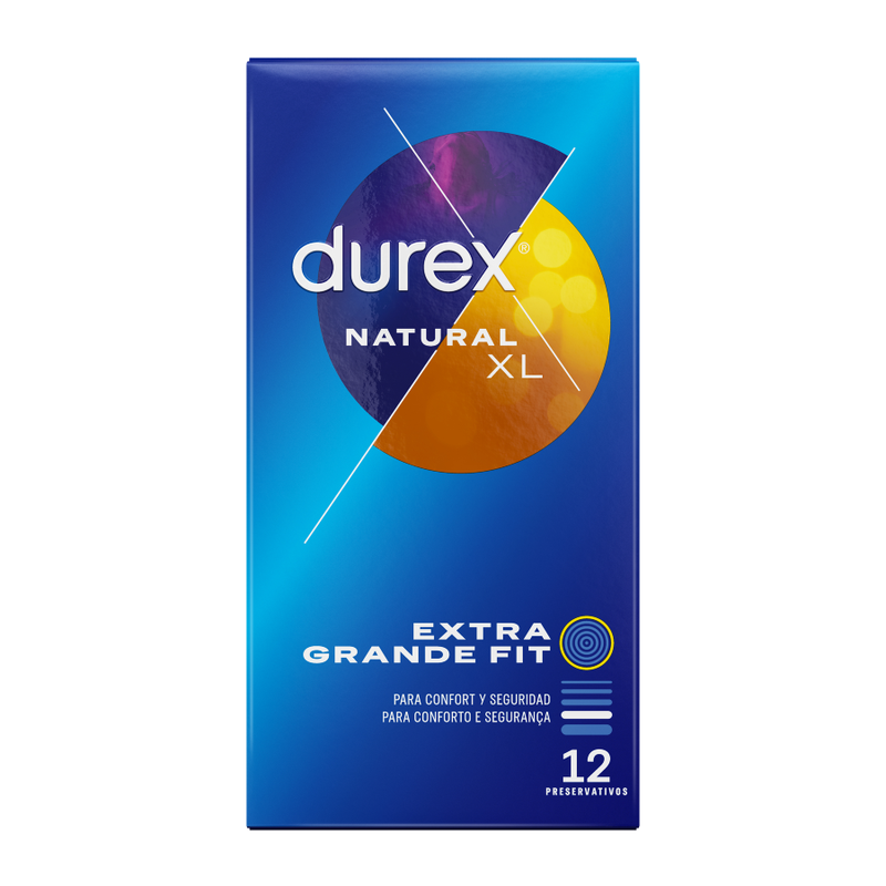 Confezione di 12 preservativi Durex Naturale XL, confezione con imballaggio bianco e blu, evidenziando il marchio Durex Condoms.
