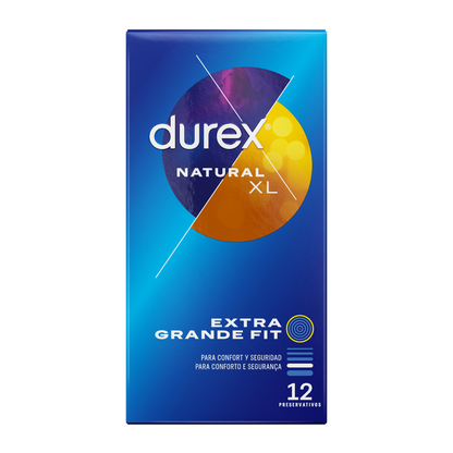 Confezione di 12 preservativi Durex Naturale XL, confezione con imballaggio bianco e blu, evidenziando il marchio Durex Condoms.