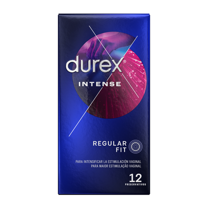Confezione di 12 preservativi Durex Orgasmic Intenso, dettagli visivi del packaging con logo e testo descrittivo.