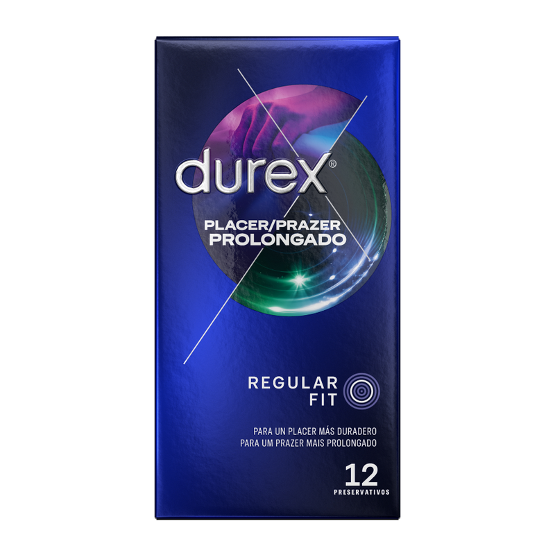 Preservativi Durex Piacere Prolungato Ritardato, confezione da 12 unità, scatola con preservativi visibili e marchio Durex.