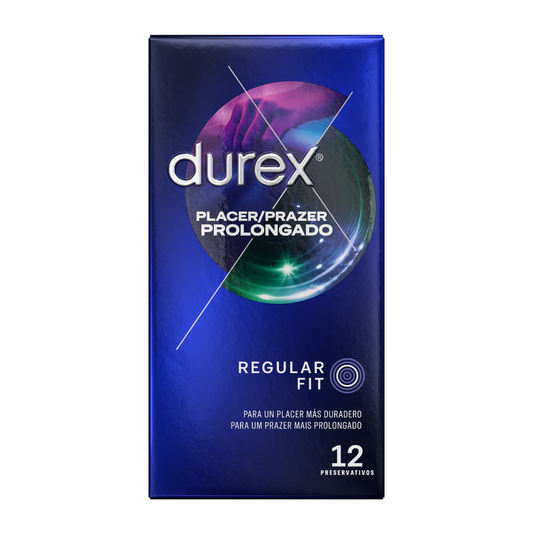 Preservativi Durex Piacere Prolungato Ritardato, confezione da 12 unità, scatola con preservativi visibili e marchio Durex.