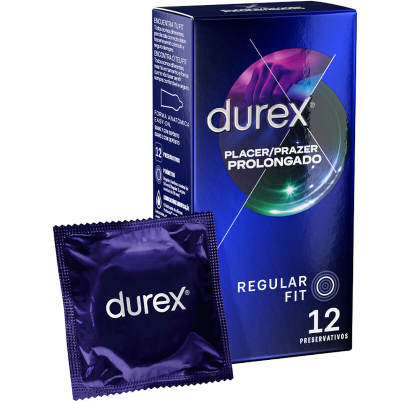 Condom Durex Piacere Prolungato Ritardato, confezione da 12 unità, scatola con preservativi Durex.