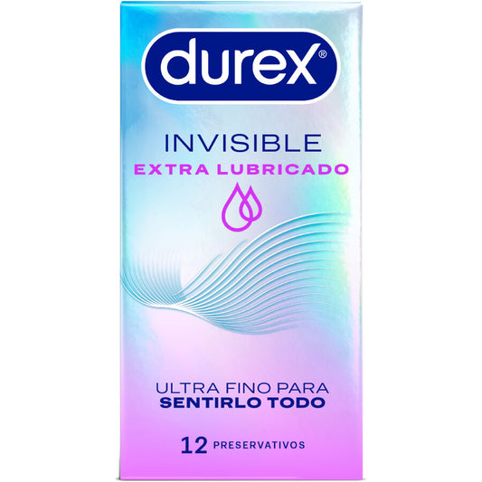 Preservativi invisibili Durex extra lubrificati, confezione da 12 unità, confezione con preservativi sottili e lubrificazione extra