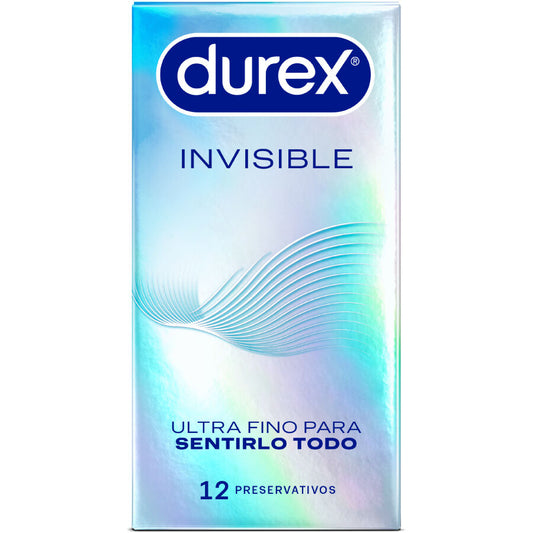 Preservativi Durex Invisibili Ultra Sottili, confezione da 12 unità, con confezione e dettagli del prodotto visibili.