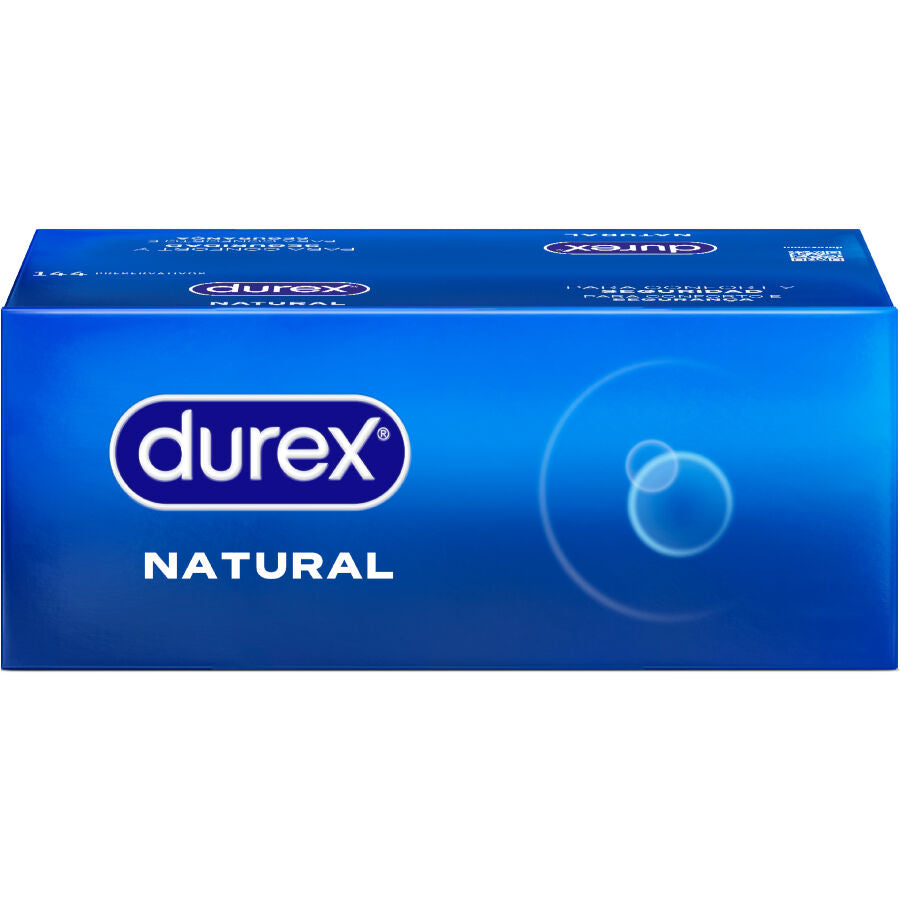 Preservativi naturali Durex, confezione da 144 unità, con dettagli e confezione in plastica trasparente.