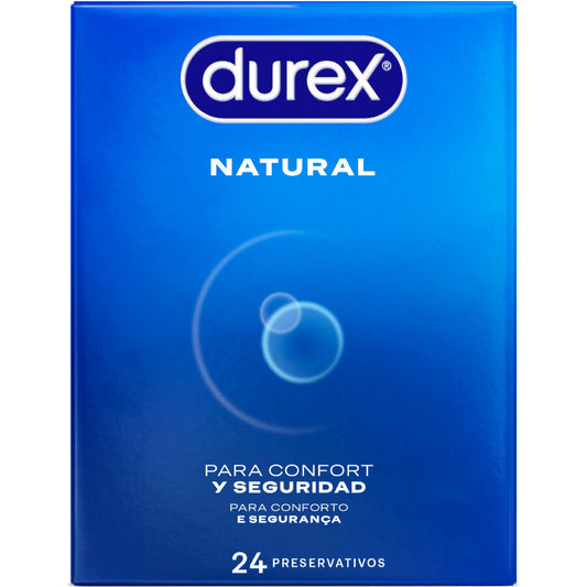 Confezione di 24 preservativi naturali Durex, prodotti per la protezione e il piacere, visibili nella confezione.