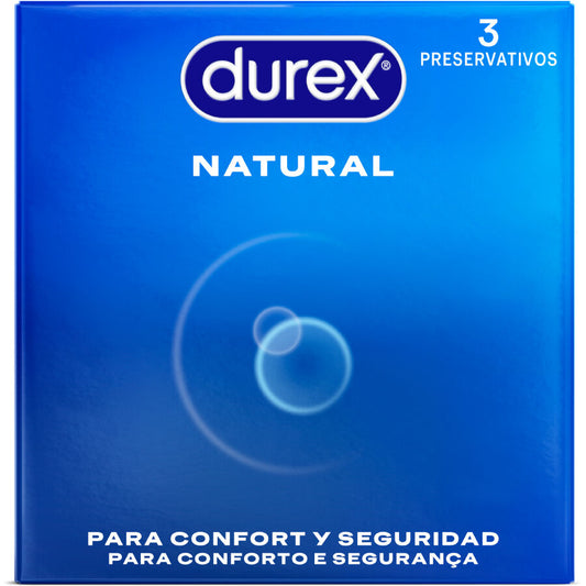 Preservativi naturali Durex Condoms, confezione da 3 unità, dettaglio dell'imballaggio e del prodotto.