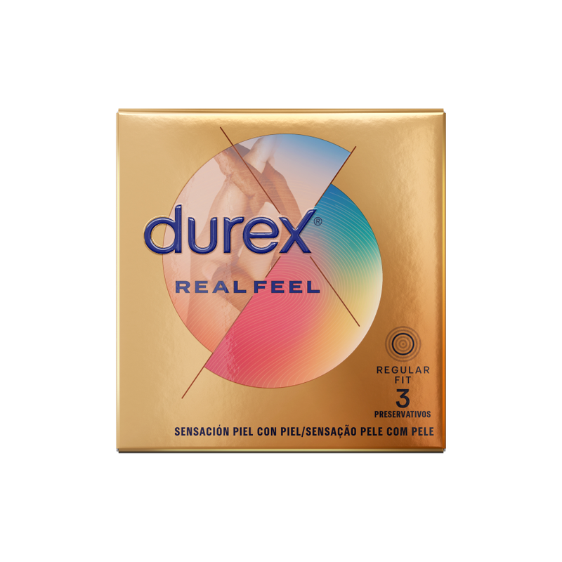 Preservativi Durex Real Feel, confezione da 3 unità, dettagli del packaging e logo Durex visibili