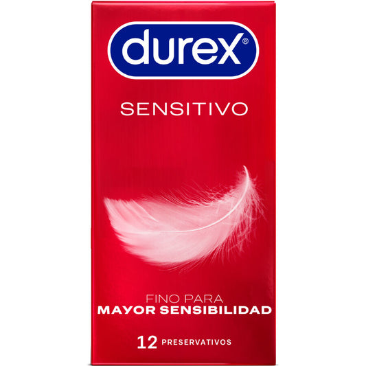 Preservativi Durex Sensitive, confezione da 12 unità, dotati di lubrificante delicato per maggiore comfort e sensibilità.