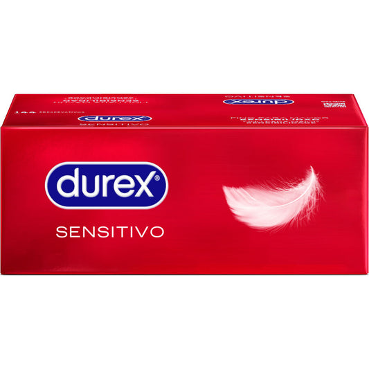 Preservativi Durex Sensitive, confezione da 144 unità, con dettagli visibili sulla confezione di condom Durex.