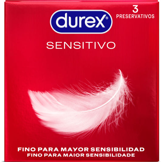 Preservativi Durex Sensitive, confezione da 3 unità, con texture liscia e adatti a sensibilità elevata, per maggiore comfort e sicurezza.