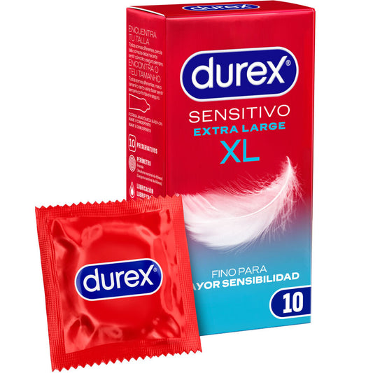 Pacchetto di 10 preservativi Durex Sensitive XL, confezione con preservativi di dimensioni extra large e lubrificazione delicata.
