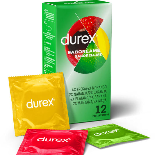 Confezione di 12 preservativi Durex Saboreame, con aromi diversi, visibili nella confezione.