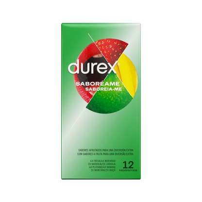 Confezione di 12 preservativi Durex Saboreame con aromi vari, confezionati singolarmente, per esperienze piacevoli e sicure.