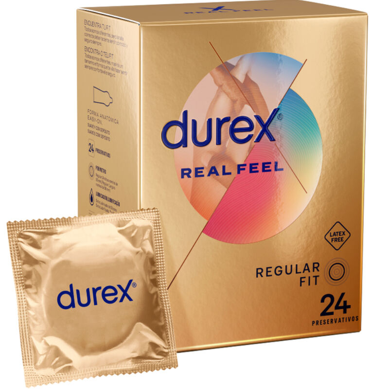 Confezione di 24 preservativi Durex Sensazione Reale, dettagli visivi della scatola e confezione.