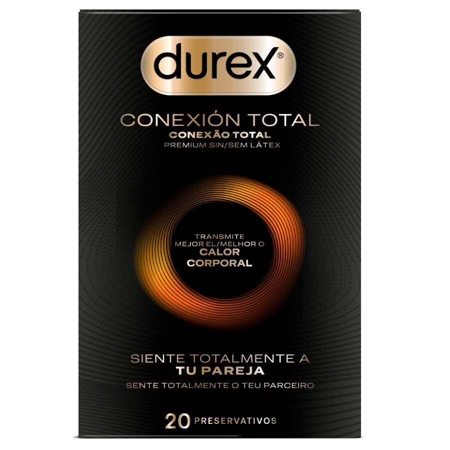 Confezione di 20 preservativi Durex Total Connection Ultra Fine Plus senza lattice, confezione chiusa e visibile in primo piano.