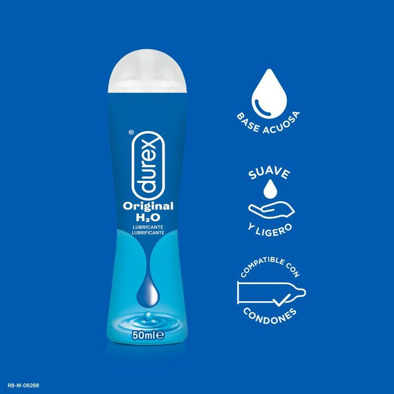 Lubrificante Durex Play Naturale H2O da 50 ml, confezione con flacone trasparente e etichetta blu, prodotto per uso intimo.