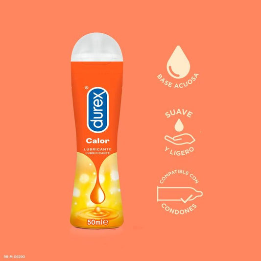 Lubrificante effetto calore Durex Play da 50 ml, flacone con etichetta blu e logo Durex Lubes, visibile in primo piano.