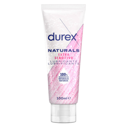 Lubrificante Durex Naturals Extra Sensibile da 100 ml, bottiglia con etichetta bianca e blu, in primo piano.