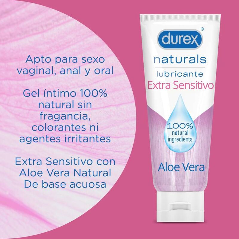 Lubrificante Durex Naturals Extra Sensibile in flacone da 100 ml, con etichetta e logo Durex Lubes visibili.