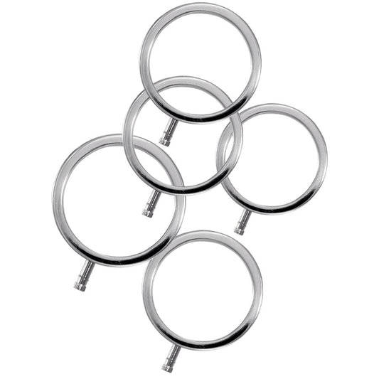 Anelli per pene in metallo Electrastim ElectraRings, confezione da 5, con dettagli visivi degli anelli metallici.