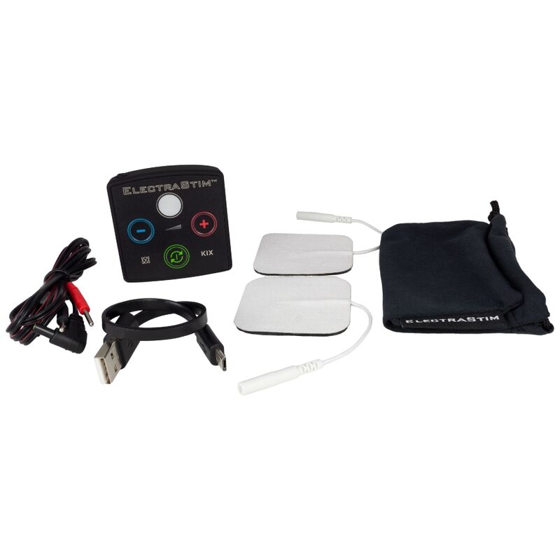 Stimolatore sessuale Electrastim KIX con pulsanti e elettrodi in silicone, design compatto e moderno, vista dall'alto.